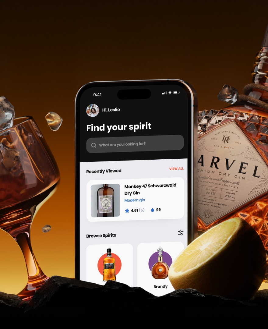 Image of the app screen surrounded by a whiskey bottle and glass.