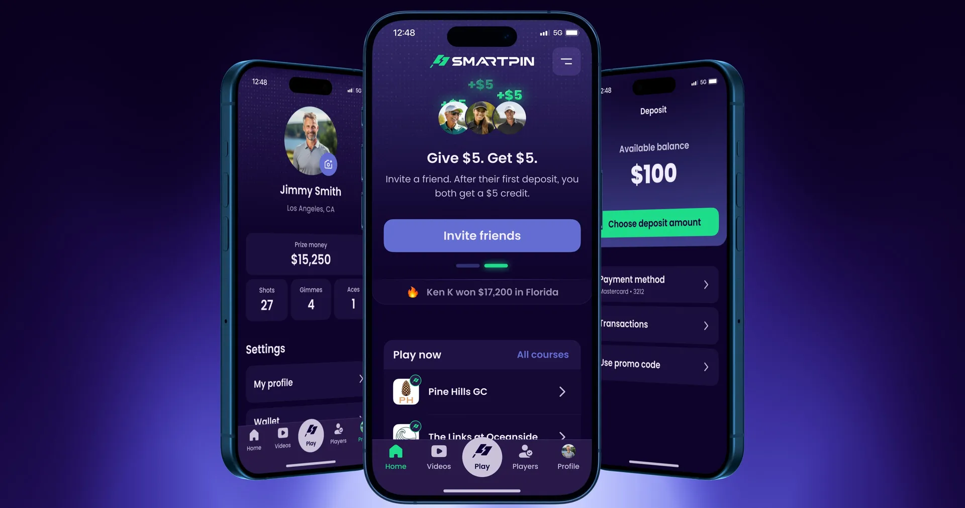 SmartPin app screens with live shot results and a highlight video